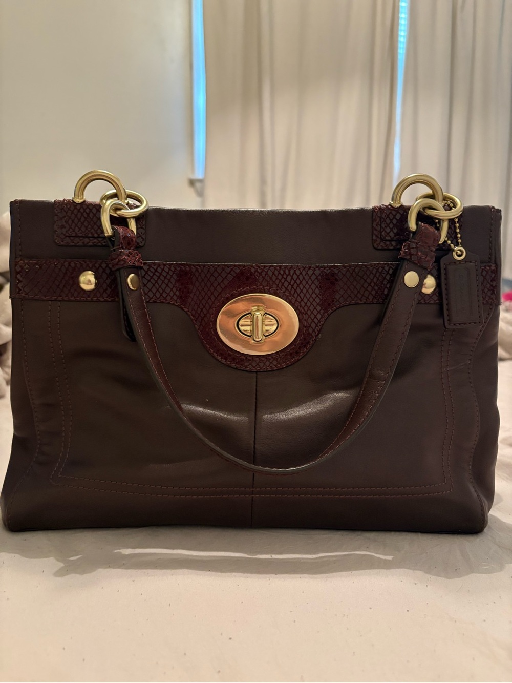 Y2K Coach Penelope Python Trim Carryall in Dark Brown with Gold Hardware